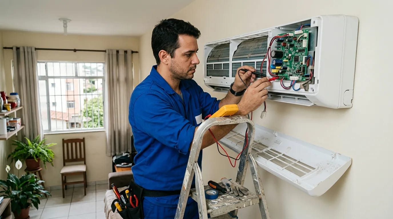 Eletricista ligando a placa do ar-condicionado split em Anápolis‑GO